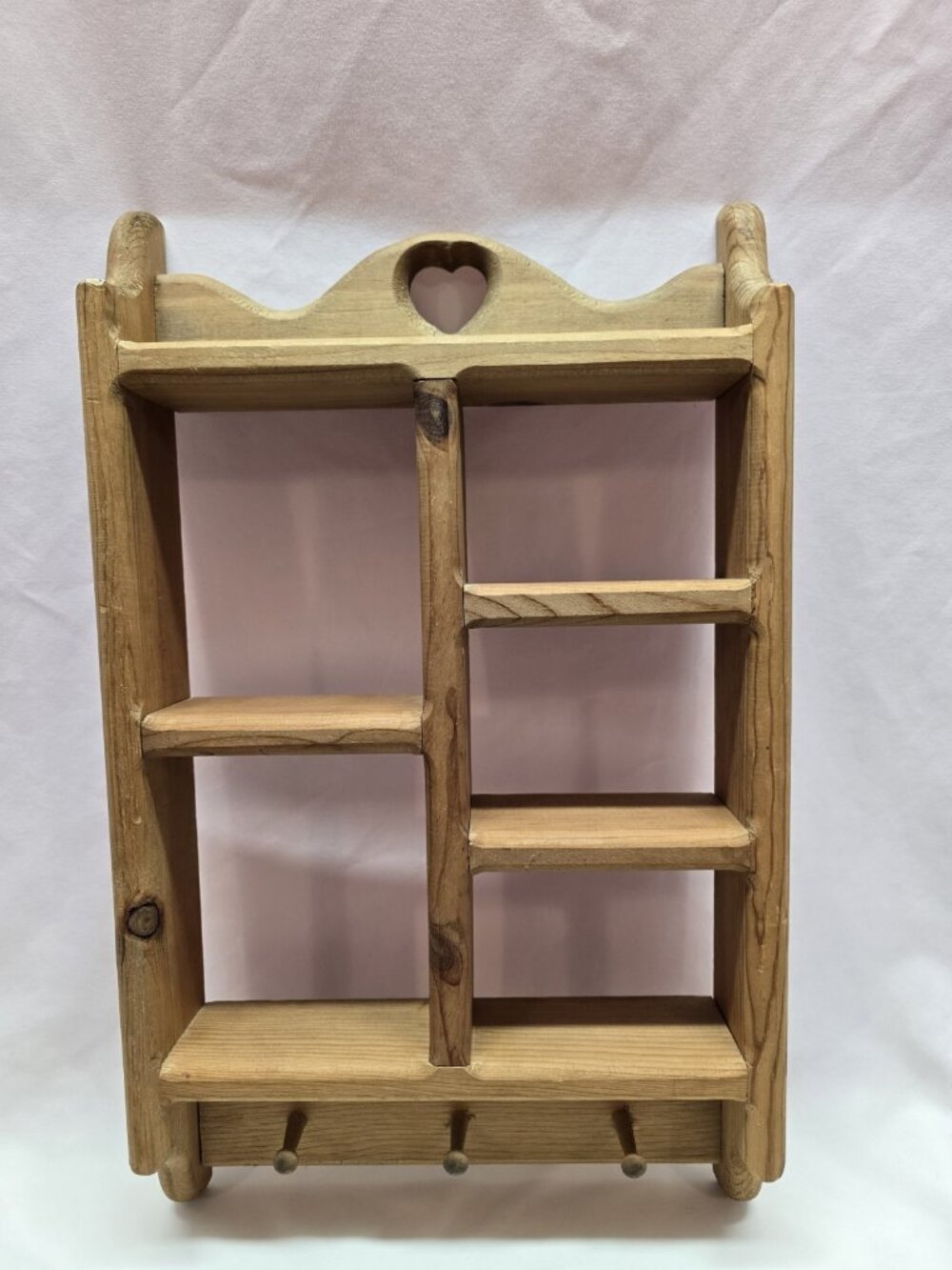 Wood Wall Shelf Heart Cutout Pegs Cottage Farmhouse Shabby Chic Trinket Display